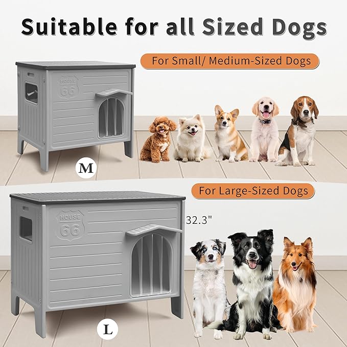 Rockever Dog House Outdoor Indoor for Small Medium Dogs, Insulated Dog House with Mat, Plastic Elevated Outdoor Dog House Waterproof Dog Kennel with Window, Clean Easily(M & Mat)
