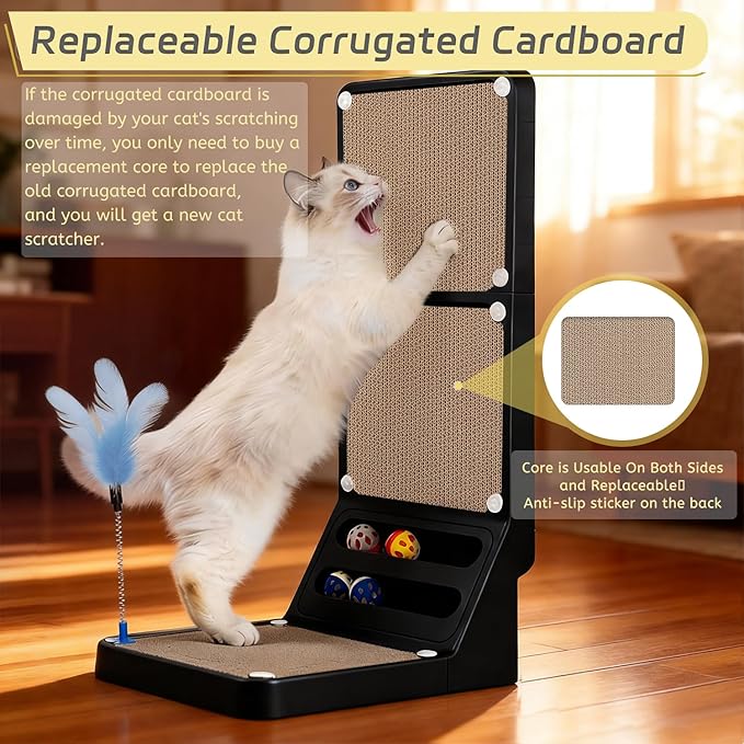 Cat Scratcher Cat Scratch Pad L Shape Wall Mounted Dual Use (Vert/Horiz) Kitten Bunifa Scratching Card Board Vertical Post with Ball Toys Feathers,Protecting Furniture Core is Replaceable Large Black