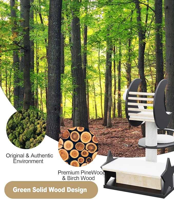 Modern Cat Tree Tower, 38" Natural Solid Wooden Cat House for Indoor Cats, 3 Level Heavy Duty Luxury Cat Condo and Removable Washable Cushions, Multiple Cats