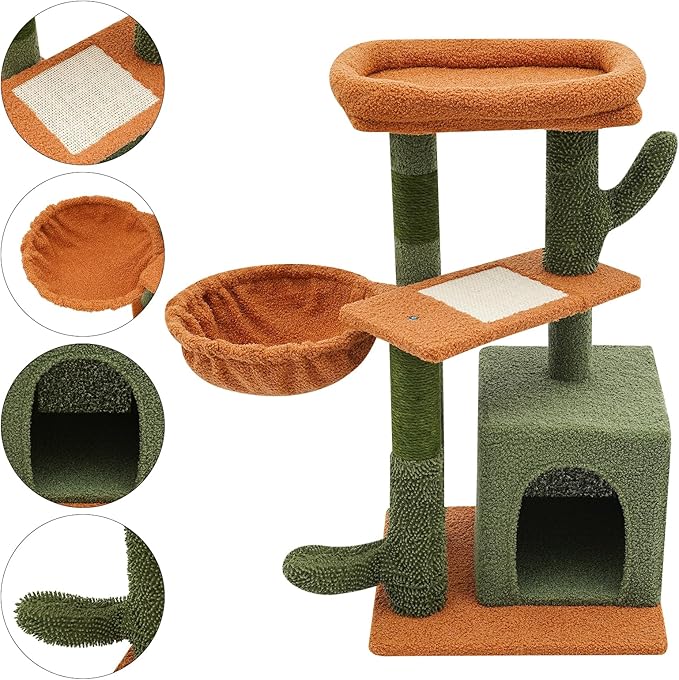Cat Tree, 30.3in Cat Scratching Climbing Frame, Cactus-Shaped Cat Tree, Double Condos, Scratching Posts, Floor Mount, Soft Surface for Families, Pet Stores, Cat Houses,