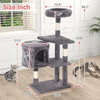 Cat Tree, 36 Inches Indoor Cat Tree Tower Condo, Natural Sisal Cat Scratching Post with Cozy Bed, Small Cats Tree for Kittens, Soft Perch & Cute Toys, Light Gray