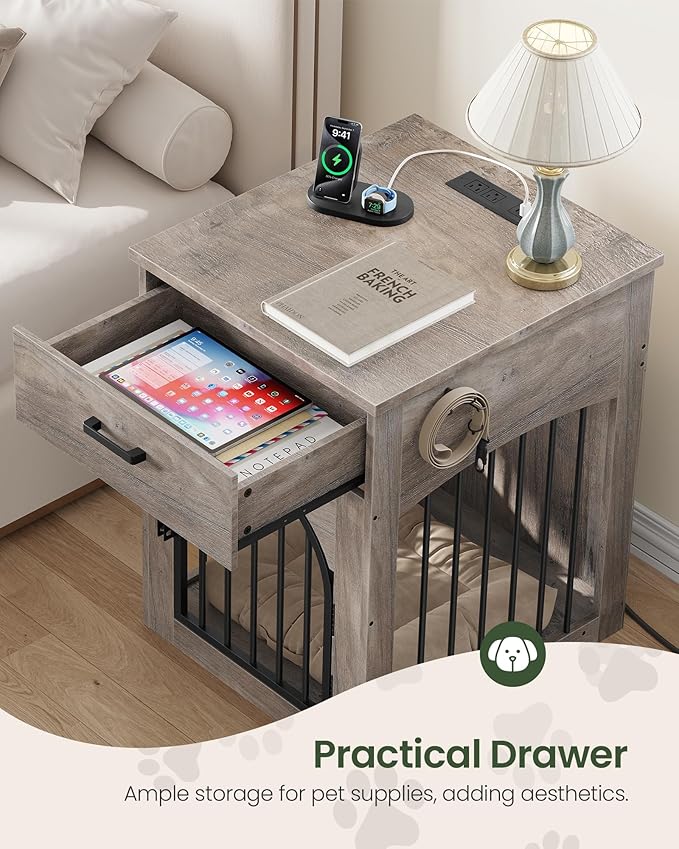 Dog Crate Furniture, Wooden Dog House with Charging Station and Storage Drawer, Indoor Pet Crate End Table for Small Breeds, for Living Room, Bedroom, Greige MGW01UFH