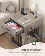 Dog Crate Furniture, Wooden Dog House with Charging Station and Storage Drawer, Indoor Pet Crate End Table for Small Breeds, for Living Room, Bedroom, Greige MGW01UFH