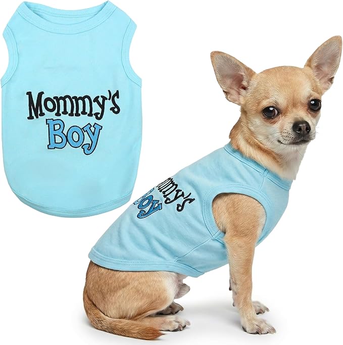 Parisian Pet Dog Shirt – 100% Cotton Shirts for Small Dogs – Blue Sleeveless Puppy Clothes – Lightweight and Breathable Dog Apparel – Boy Dogs Clothes - Stretchy Mommy’s Boy Pet Shirt