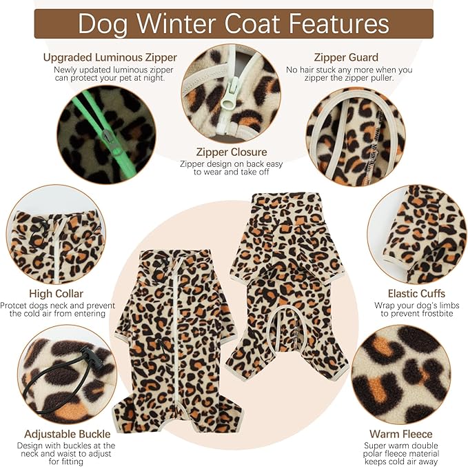 ROZKITCH Full Body Dog Sweater, Pet Windproof Warm Cold Weather Jacket Vest with Luminous Zipper, Jumpsuit Apparel Outfit Clothes for Small Medium Large Dog Brown 2XL