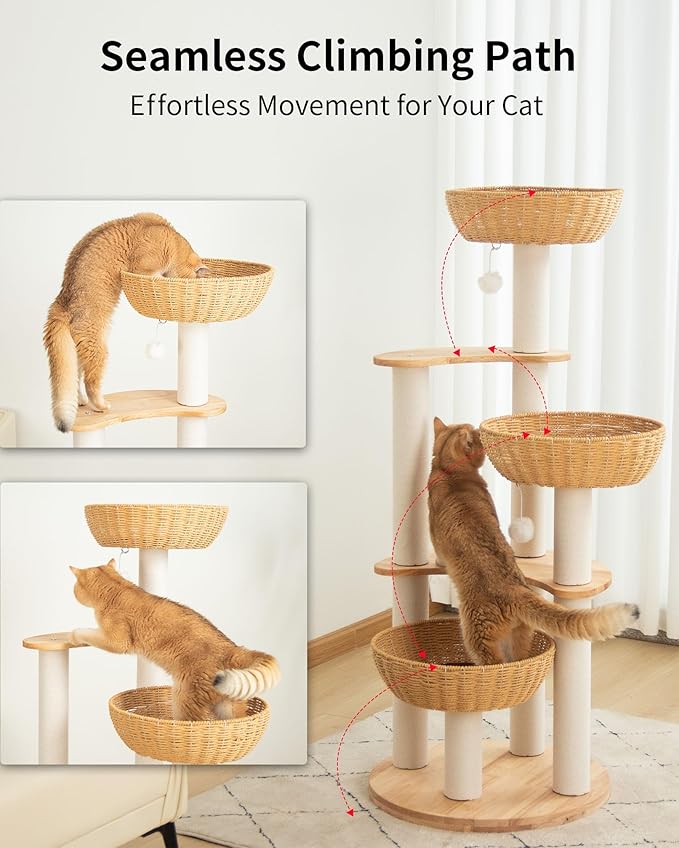 Modern Cat Tree for Large Cats, Wood Cat Tower 3 Condo Perch Heavy DutyBase with Cotton Scratch Post for Indoor Big Cats (90755)