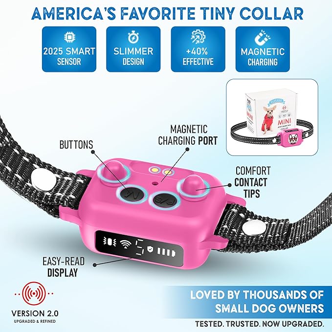 Bark Collar for Small Dogs 5-15 lbs with Magnetic Charging – No Shock, 3 Beep & Vibration Modes, 5 Sensitivity Levels – Humane Stop Anti-Barking Device – Dog Training Bark Collar (Pink)