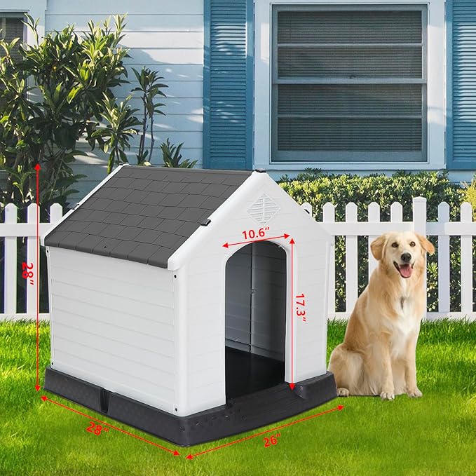 ZENY Plastic Dog House - Waterproof Dog Kennel with Air Vents and Elevated Floor All Weather Indoor Outdoor Insulated Doghouse Puppy Shelter, Easy to Assemble (Grey, 28inch)