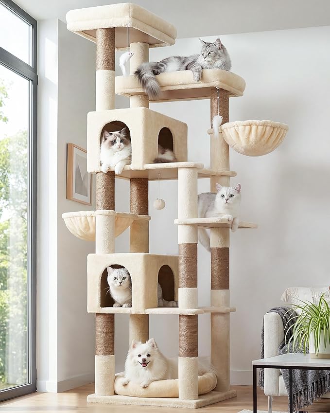 Globlazer Heavy Duty Cat Tree, 81 inch Extra Large Cat Tree for Indoor Cats Large Adult, Sturdy Cat Tower with 8 Scratching Post, 2 Cat Condos, 2 Platform, S81C, Beige