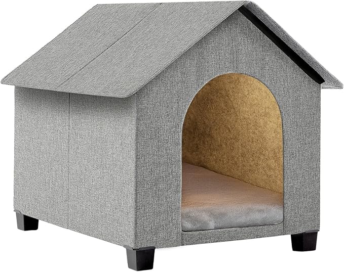 Indoor Dog House, Elevated Foldable Dog Cave Bed with Removable Plush Mat for Medium Dogs and Cats Up to 23.6 Inches Long