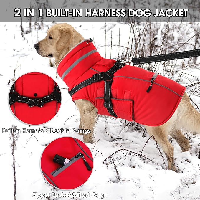 PETDSH Dog Coat Large, Built-in Harness Dog Jacket with Warm Fleece Lining, Waterproof Reflective Dogs Winter Coat, Pet Coats with Pocket and Trash Bags (Red, XX-Large)