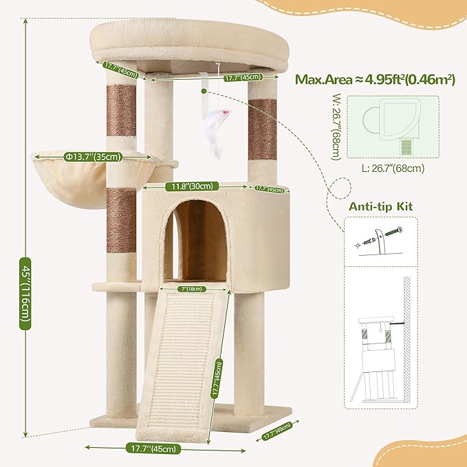 Globlazer 45" Cat Tree for 2-3 Medium Cats, Multi-Level Cat Tower with Scratching Board for Kittens and Senior Cats, Condo & Hammock Space Saving Cat Tower, F45, Beige