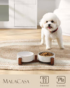 MALACASA Dog Bowl Set with Walnut Wood Stand, 1.5 Cups Ceramic Pet Bowls for Puppy Dogs, Dual Food and Water Bowls with Non-Slip Base, Basic Bowls for Your Dog or Cat, Five-Leaf Grass & Honeycomb