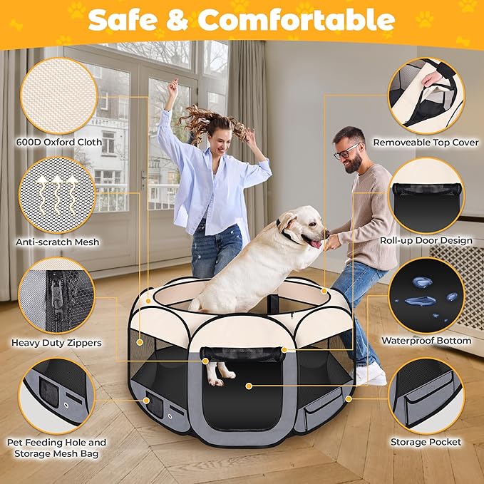 Dog Playpen 45", HOMAGICO Pet Playpen for Indoor Cats Enclosed, Portable Dog Cage Outdoor Tent Crate with Carrying Case, Water-Resistant and Removable Shade Cover, Grey
