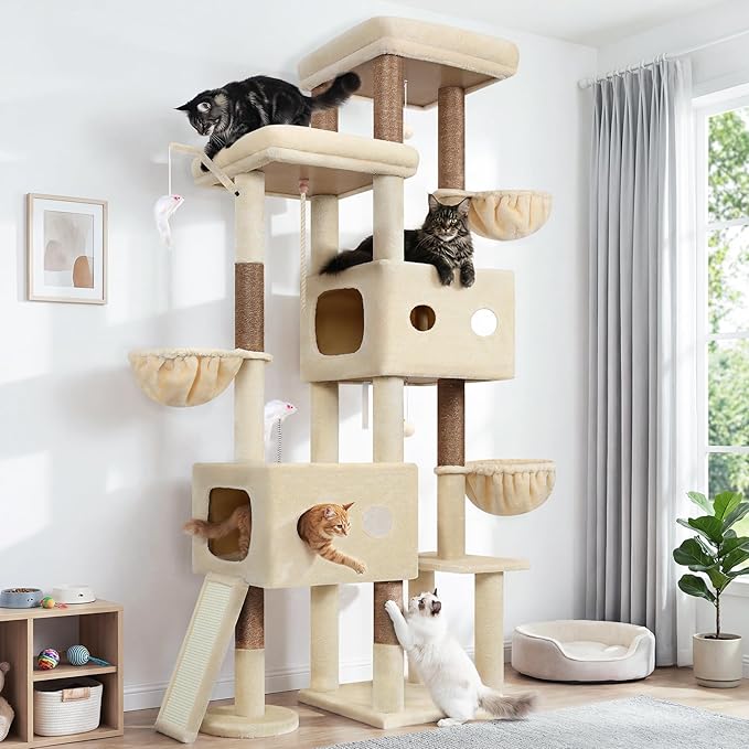 Globlazer 81" Cat Tree Tower for Large Cats, Heavy Duty Cat Tree for 6 Maine Coons & Ragdolls, Multi-Level Stable Activity Center with 3 Hammocks 7 Sisal Posts 2 Condos & Scratching Board, F81D, Beige