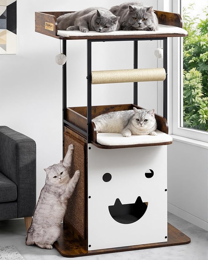 Wood Modern Cat Tree Tower for Indoor Large Cats, 48-Inch Tall Wooden Cat Trees with Big Perch Bed, Multi-Level Condo with Scratching Board Posts, Removable Pads, Cat Furniture, Rustic Brown