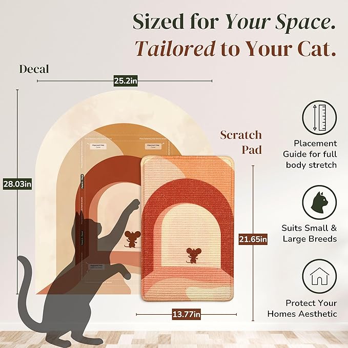 Vertical Cat Scratcher - Removable Wall Mounted Cat Scratcher and Art Decal – Wall Scratch Pad for Cats with Sisal Cat Scratcher – Large Protective Wall Scratchers for Indoor Cats