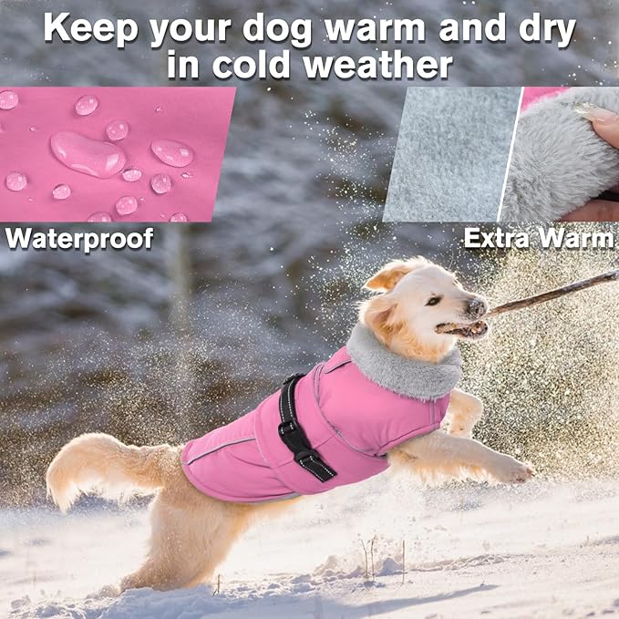Lelepet Warm Dog Coats for Large Dogs Waterproof Dog Winter Jacket Reflective Pet Fleece Vest Windproof Cold Weather Coats with Adjustable Buckle & Leash Hole, Pink, L