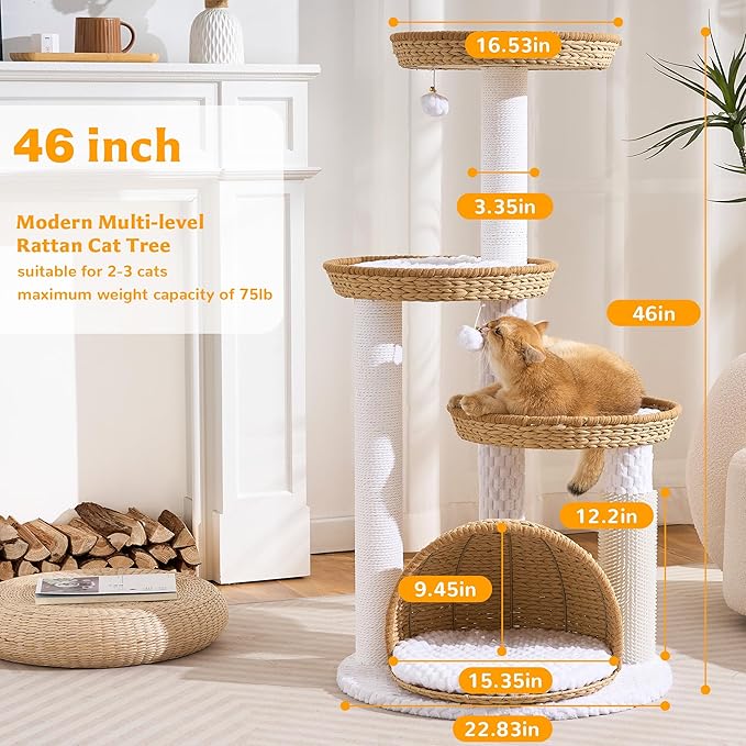Modern Cat Tree Tower for Large Cat with Scratching Post for Indoor, 46 inch Multi-Level Cat Tower with Handwoven Beds, Cat Cave, Dangling Balls