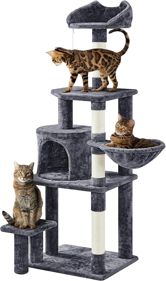 Topeakmart Cat Tree 57in, Multi Level Cat Tower with Basket & Condo & Scratching Post & Padded Perch & Extended Platform & Fur Ball