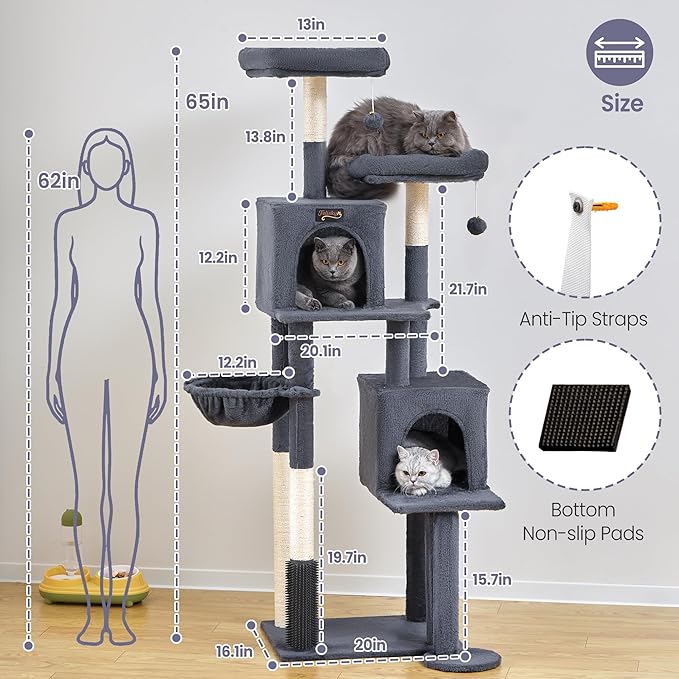 Cat Tree Tower for Indoor Cats Large Adult - 65 inch Extra Tall Cat Condo Trees with Scratching Post Hammock Perch - XL Sturdy Big Heavy Duty Multi Level Cat House Towers - Kitty Climbing Furniture