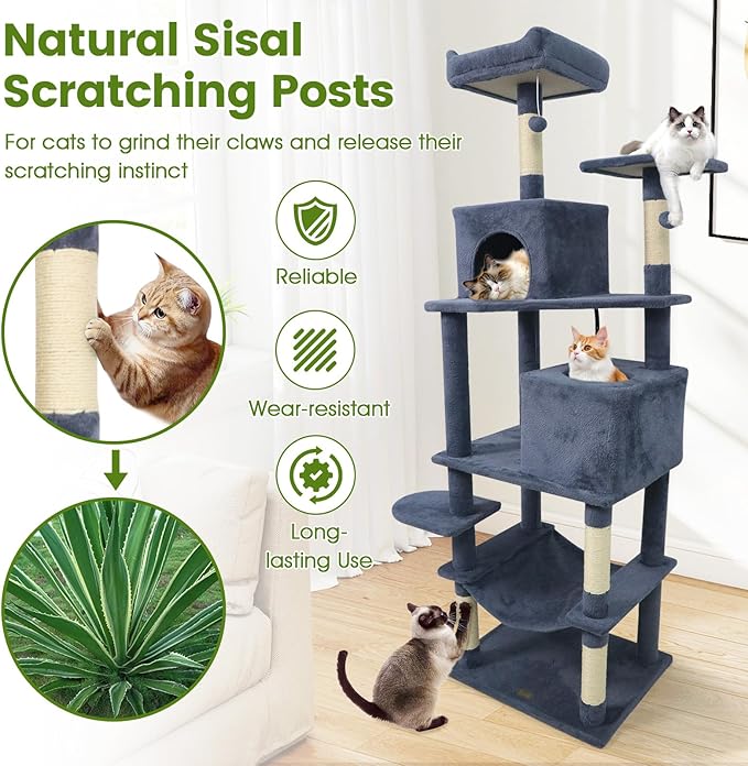 PETSITE Multi-Level Cat Tree, 75 Inches Tall with Sisal Scratching Posts, 2 Condos, Hammock, Dangling Balls, and Cozy Top Perch, Ideal for Indoor Cats to Play and Rest (Dark Grey)