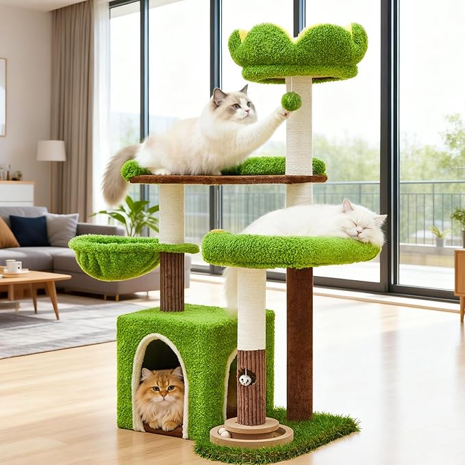 Cat Tree Tower with Large Cat House,Three Platforms Jumping and Sleeping for Cats Multi-Functional for Kittens and Adult Cats (Green)