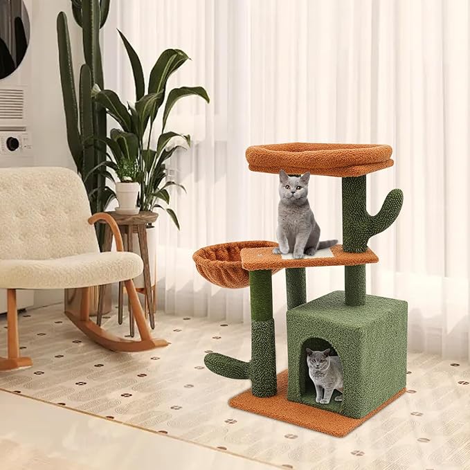 Cat Tree, 30.3in Cat Scratching Climbing Frame, Cactus-Shaped Cat Tree, Double Condos, Scratching Posts, Floor Mount, Soft Surface for Families, Pet Stores, Cat Houses,