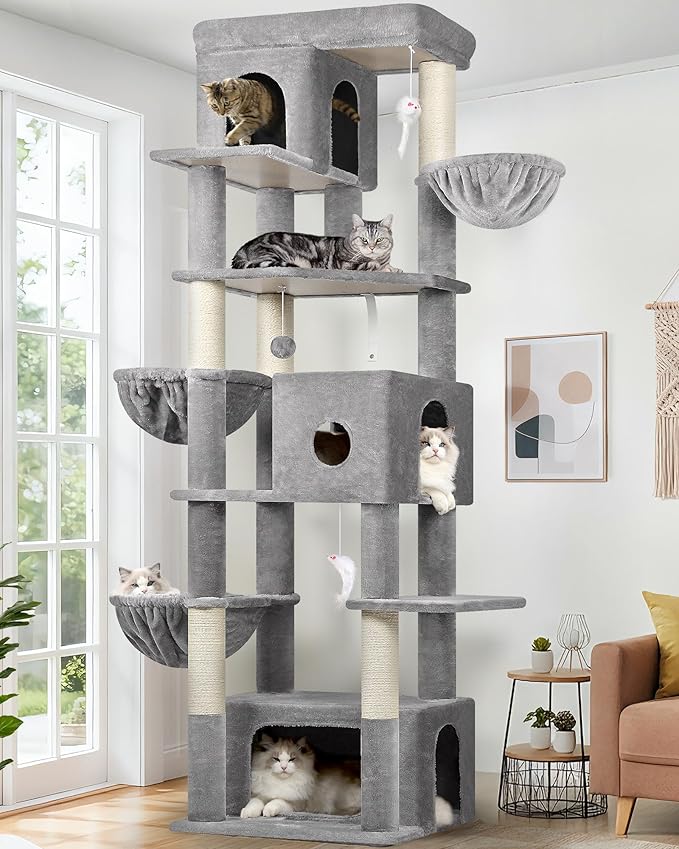 Globlazer Large Cat Tree, 80 inch Multi-Level Tall Climbing Tower Kitty Condos Cat Scratching Tower for Indoor Multiple Large Adult Cats Kittens with 3 Cat Caves, 3 Hanging Baskets, F80F, Light Grey