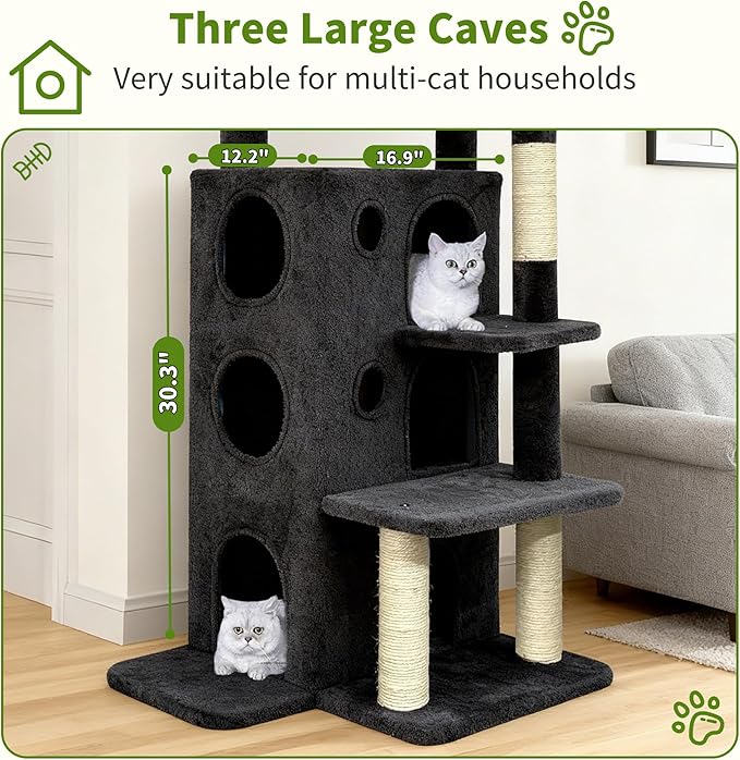 Cat Tree Tower for Indoor Cats, Adult Cat Tree House for Large Adult Cats with Steps, Scratching Post, 3 Cat Caves, Dangling Toys (Dark Gray)