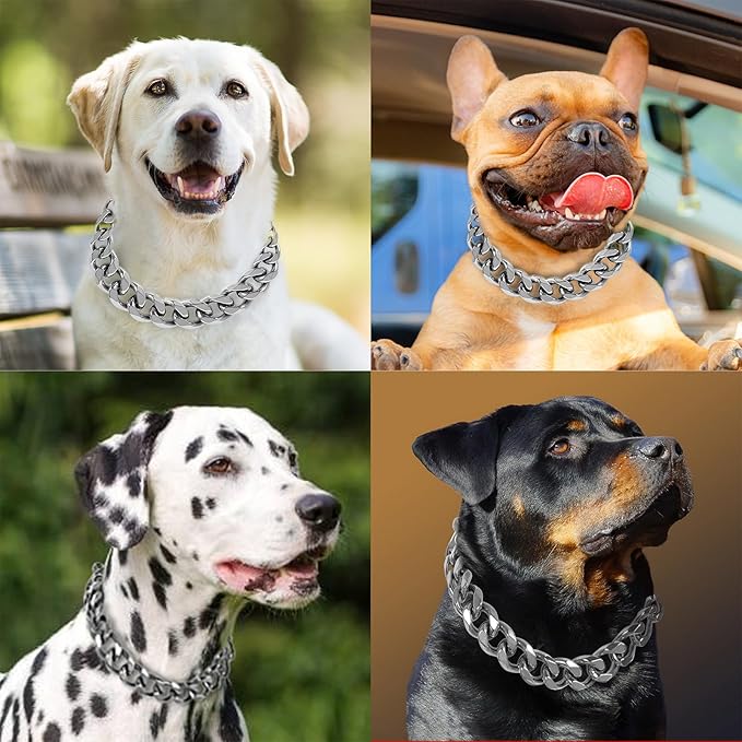 BAOBOTE 23MM Silver Dog Collar,Dog Chain Collars with Cuban Link Dog Collar,Heavy Duty Training Collar Chew Proof for Medium Dogs(26" Silver)
