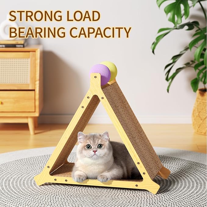 Stylish Triangle Cat Scratcher – 3-Sided Scratching Board with 2 Interactive Ball Toys, Durable Cardboard Cat Furniture for All Cats/Kittens (Modern Aesthetic, Sleek Design)