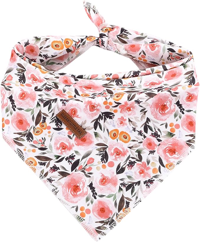 Elegant Little Tail Dog Bandanas - Coral Floral Washable Dog Scarves Female Adjustable Pet Bandanas for Medium Large Dogs