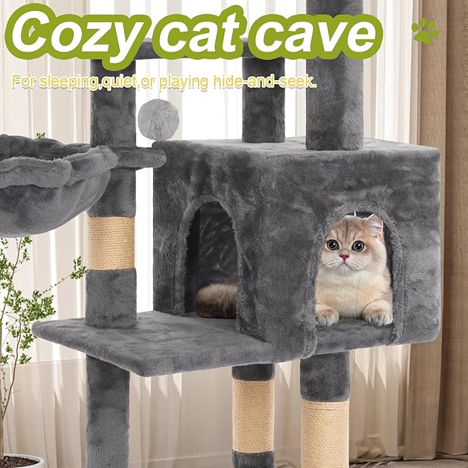 Cat Tree Tower with Metal Frame Hammock, 40'' Cat Trees for Indoor Cats Large Adult, Cat Towers with Scratching Post, Cats Condo Furniture with Cloud Top Perch, Cats Climbing Tower for Kittens(Grey)