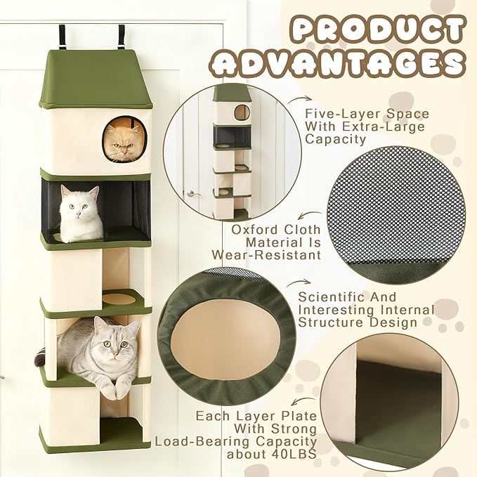 5 Level Door Hanging Cat Tree Tower for Indoor Cats Under 40 Lbs, Door Mounted Pet Furniture Space Saving, Interconnecting Levels, Mesh Levels, Collapsible and Tool-free Assembly, Fits Doors＜85 Inch H