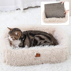 Fluffy Cat Scratcher Lounge Box with Removable Cardboard,Cat Rectangular Bed with Corrugated Board, Pet Scratching Pad for Furniture Protection, Training Toy (Beige)