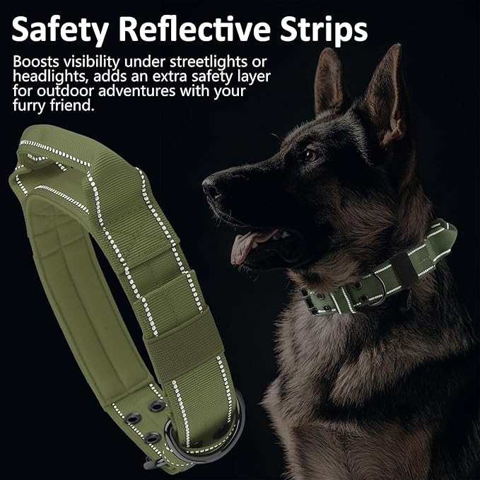 Tactical Dog Collar with Control Handle, Military Adjustable Pet Collar Reflective Heavy Metal Buckle Dog Collar, Soft Nylon Training Collar for Medium Large Dogs (Green, X-Large)