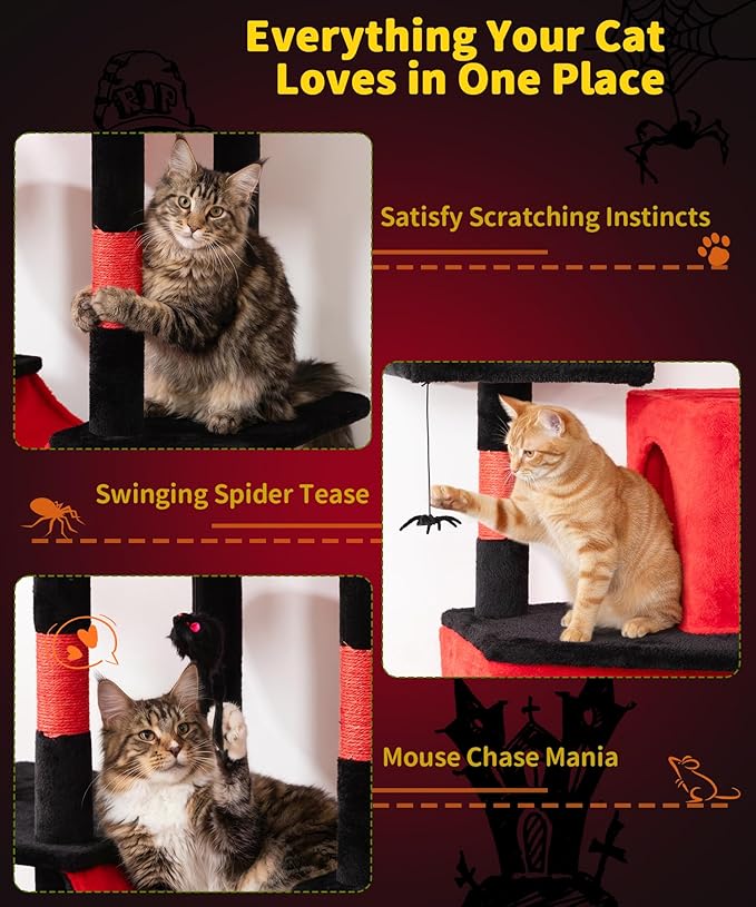 Heavy Duty Cat Tree for Indoor Cat, 71 Inch Large Cat Tower with Scratching Post and Top Perch, Hammock, Big Cat Condo for Adult Cats Kittens, PMT03RD, Black Red