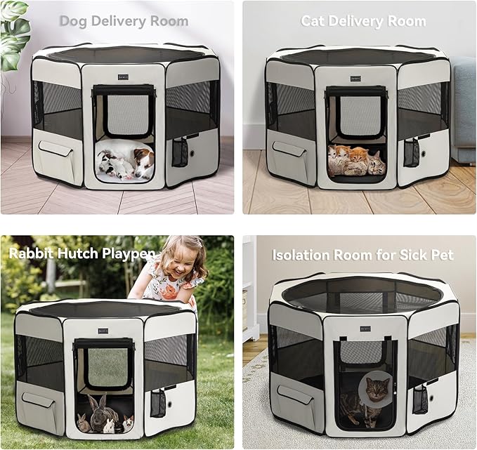 PETSFIT 45.5" Dog Playpen with Dual Zipper Doors –Sturdy Foldable Pet Playpen for Large & Medium Dogs with Removable Mesh Top and Leakproof Bottom