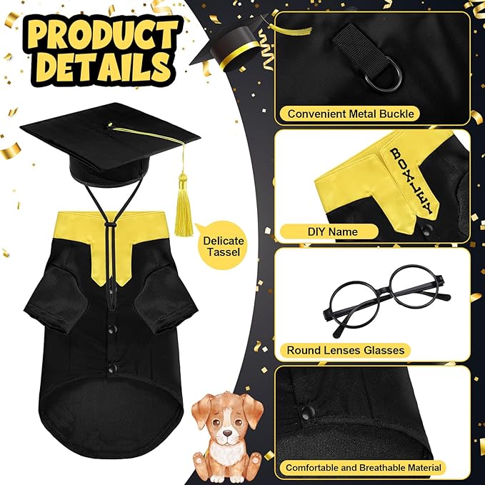 5 Pcs Dog Graduation Costume Set Include 2026 Pet Graduation Gown with Stole Puppy Grad Cap Lensless Glasses DIY Letter Stickers for Dogs Cats Holiday Costume Accessory(Black Yellow,S)