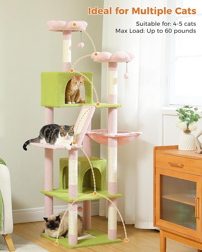 Flower Cat Tree, 70.9" Tall Tree for Indoor Cats, Large Tree for Large Cats, Multi-Level Tower with 6 Scratching Posts, 2 Condos, 2 Perches, Hammock, Pompoms, Pink