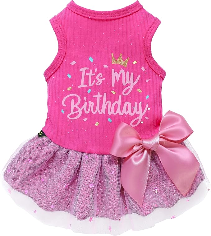 Fitwarm It's My Birthday Dress with Bowknot for Small Dogs, Funny Clothes for Female Pets, Pink, XS