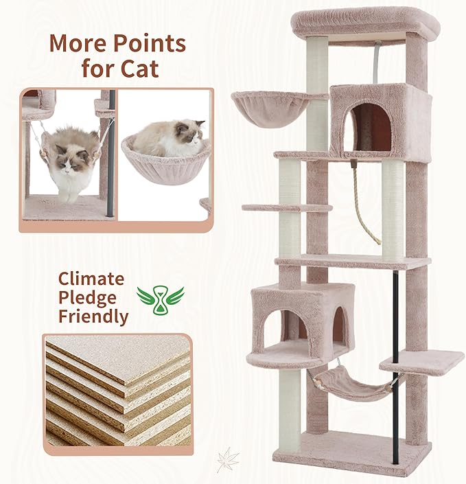Cat Tree for Indoor Cats Large Adult, 70.5'' Cat Tower with Scratching Post, Sturdy Steel Pube Cat Tree Tower with Large Playing Platfrom, Hammock and Basket, Top Perch, Mushroom GCT024MU
