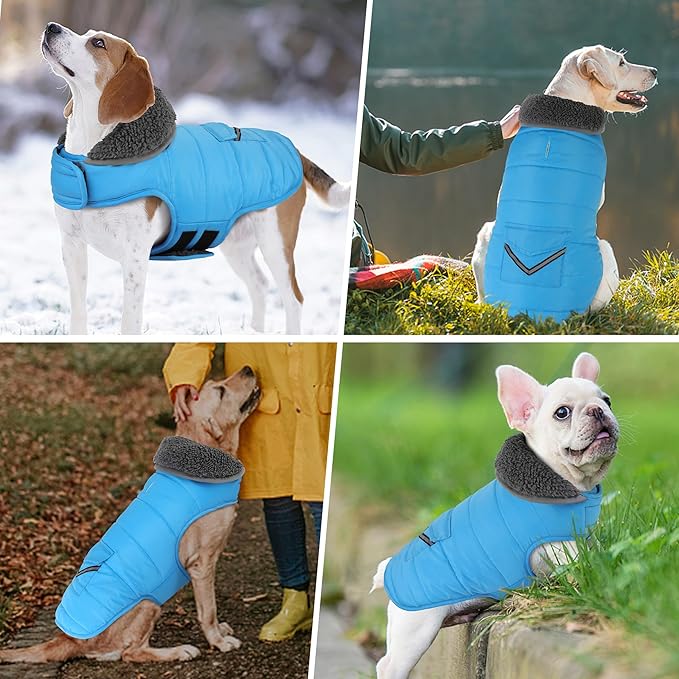 Dog Coat, Waterproof Dog Winter Jacket with Pocket, Reflective Adjustable Pet Snow Vest, Warm Cozy Fleece Sweater for Small Medium Extra Large Dogs - Sky Blue, L