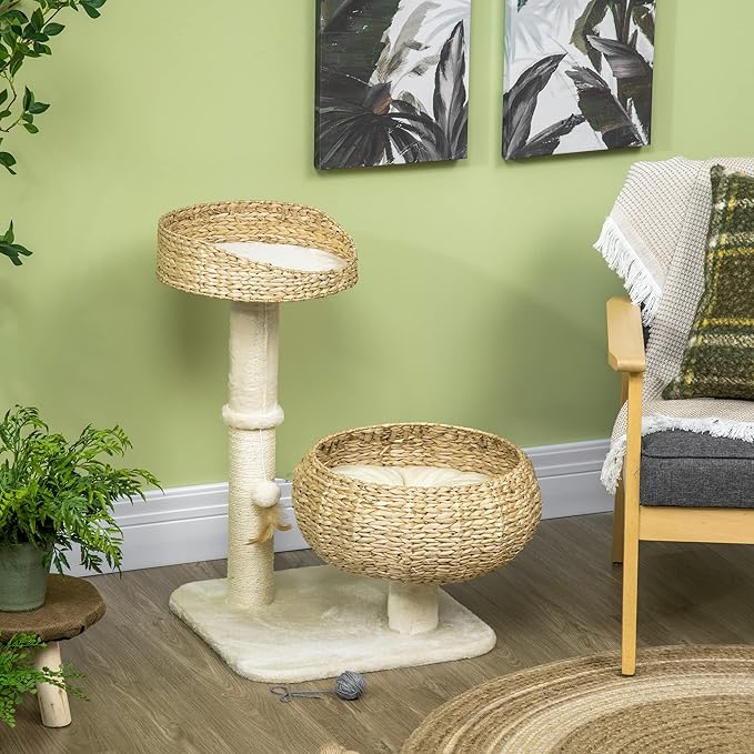 Modern 28” Cat Tree with Elevated Basket Bed & Sisal Scratching Post – Small Cat Condo for Indoor Cats Under 10 lbs, Plush Multi-Level Cat Tower, Beige
