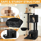 Cat Tree, 54-Inch Cat Tower for Indoor Cats,Plush Multi-Level Cat Condo with Scratching Posts, Basket, Perches,2 Caves,2 Pompoms(Black)