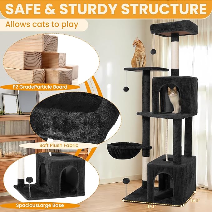 Cat Tree, 54-Inch Cat Tower for Indoor Cats,Plush Multi-Level Cat Condo with Scratching Posts, Basket, Perches,2 Caves,2 Pompoms(Black)
