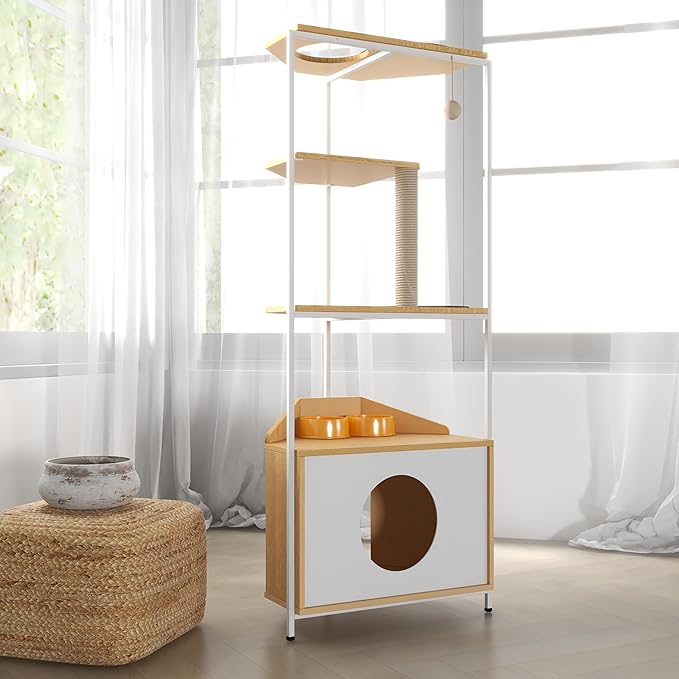 Corner Cat Tower, Cat Tree with Scratching Post, Cat Condo with Feeding Station and Climbing Platforms, Pet Furniture for Indoor Cats