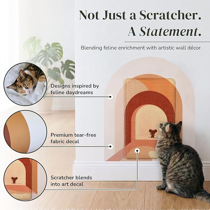 Vertical Cat Scratcher - Removable Wall Mounted Cat Scratcher and Art Decal – Wall Scratch Pad for Cats with Sisal Cat Scratcher – Large Protective Wall Scratchers for Indoor Cats