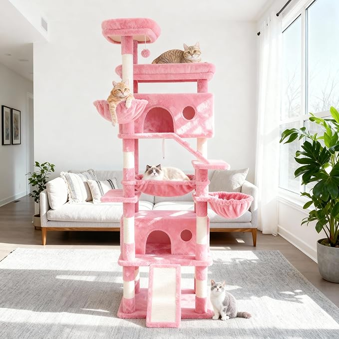 80 Inch Cat Tree,Large Cat Tower with 9 Scratching Posts, 2 Perches, 2 Caves, 2 Basket, 2 Stairs, Extra Large Hammock, Multi-Level Plush Cat Condo for Indoor Cats/Pink